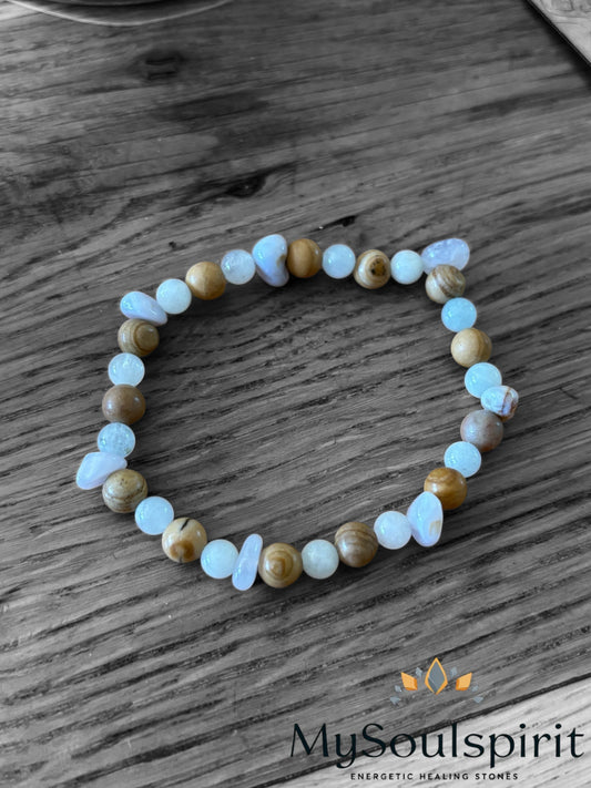 Armband „Sanfte Begleitung bei äußeren Einflüssen und im Wandel der Jahreszeiten“- Aquamarin, Blauer Chalcedon & Landschafts-Jaspis