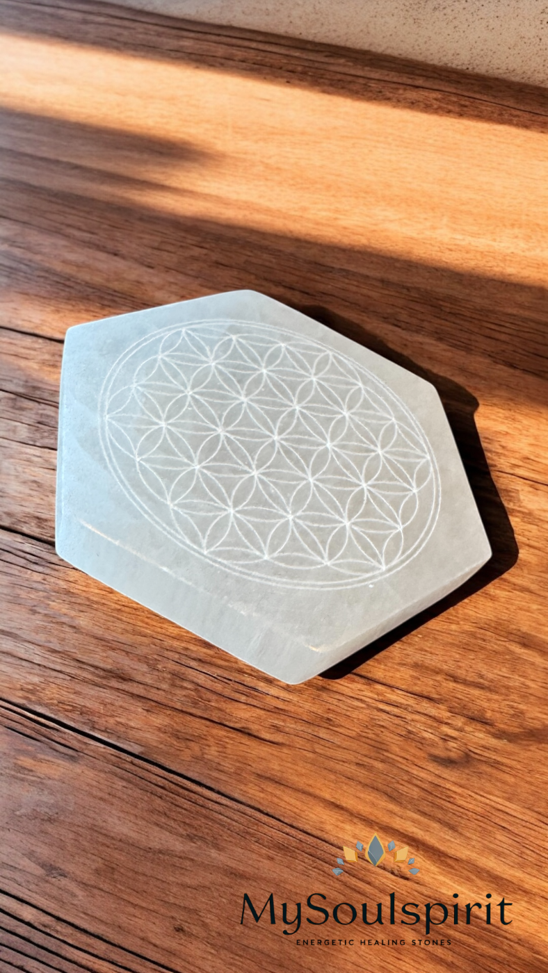 SELENIT Ladeplatte 6-eckig 9 cm Motiv "Blume des Lebens"