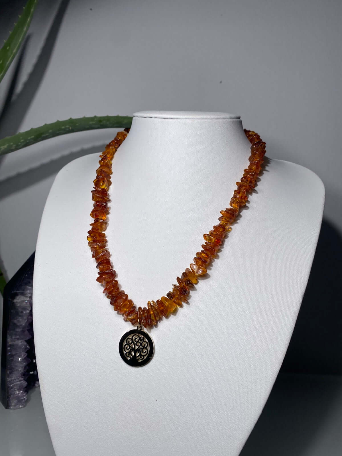 BERNSTEIN, Halskette mit Baum des Lebens - Charm -