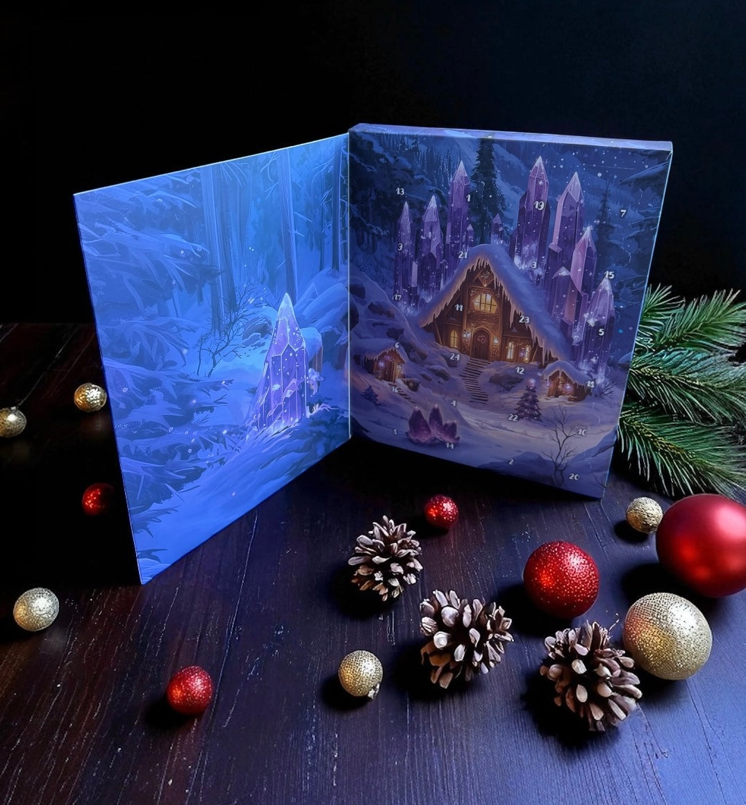 Das Foto zeigt den Adventskalender von mysoulspirit aufgeklappt. Im Inneren sieht man die 24 einzelnen Türchen hinter denen sich unsere Schätze verstecken.