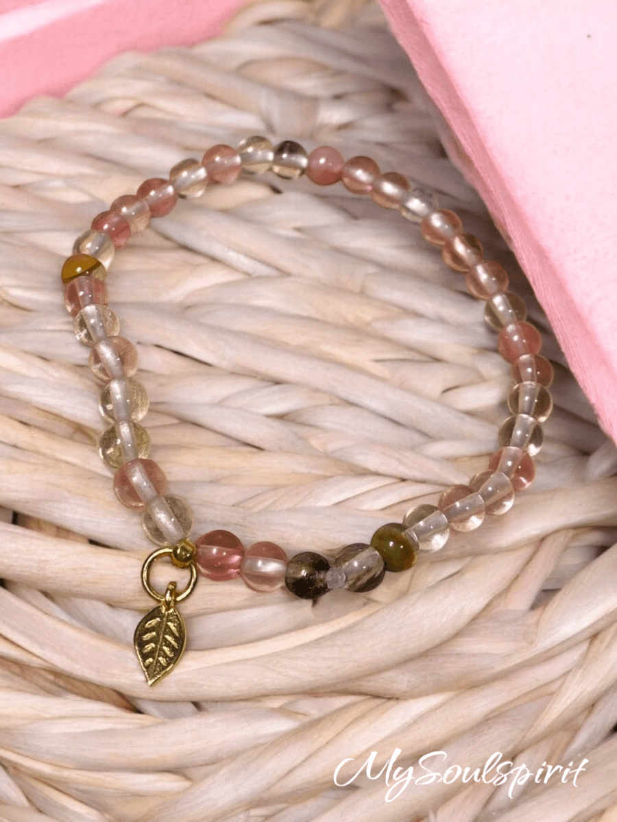 Kinderarmband Wassermelonen Quarz mit mini Blattanhänger 4 mm - Kinderarmband