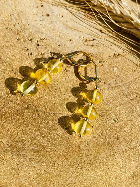 BERNSTEIN Ohrringe mit 3 Perlen / Edelstahl vergoldet
